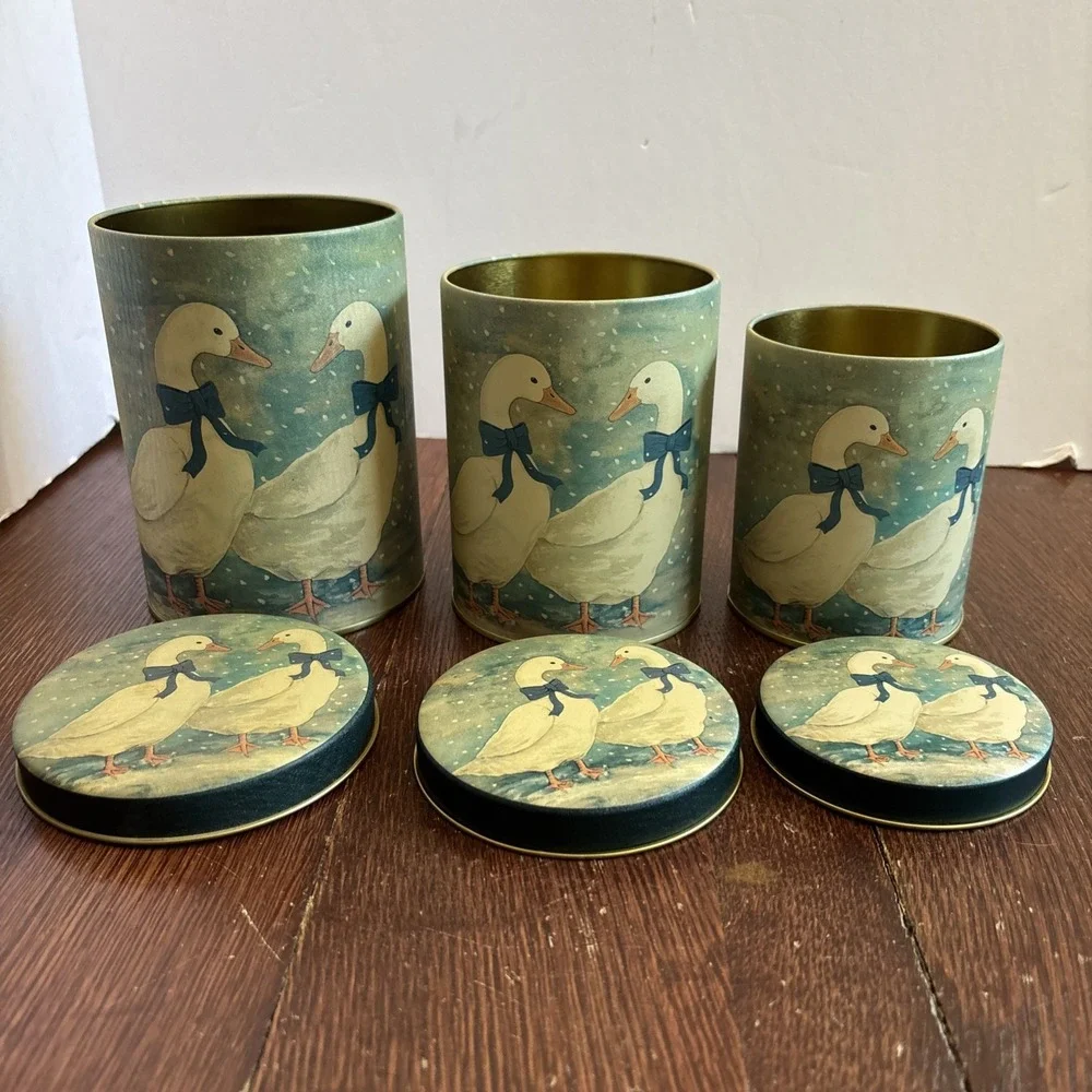 Vintage‎ Blue Bow Nesting Goose Canisters Tins 80s Country Farmhouse